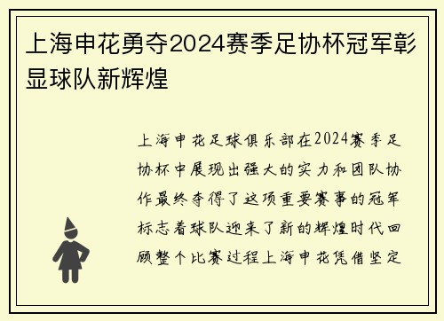 上海申花勇夺2024赛季足协杯冠军彰显球队新辉煌 上海申花勇夺2024赛季足协杯冠军彰显球队新辉煌